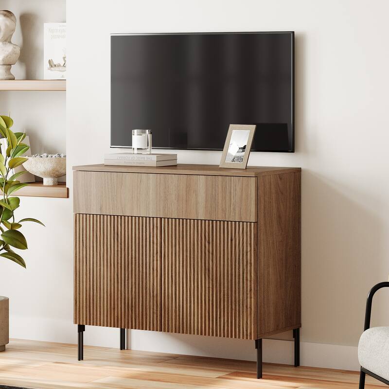 31.5" Modern Reeded TV Stand With Doors, Entertainment Center With Shelf, Wooden TV Console
