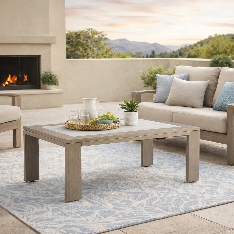 Isle Outdoor Cocktail Coffee Table, Woodlike Gray Brown Metal, 48 Inch