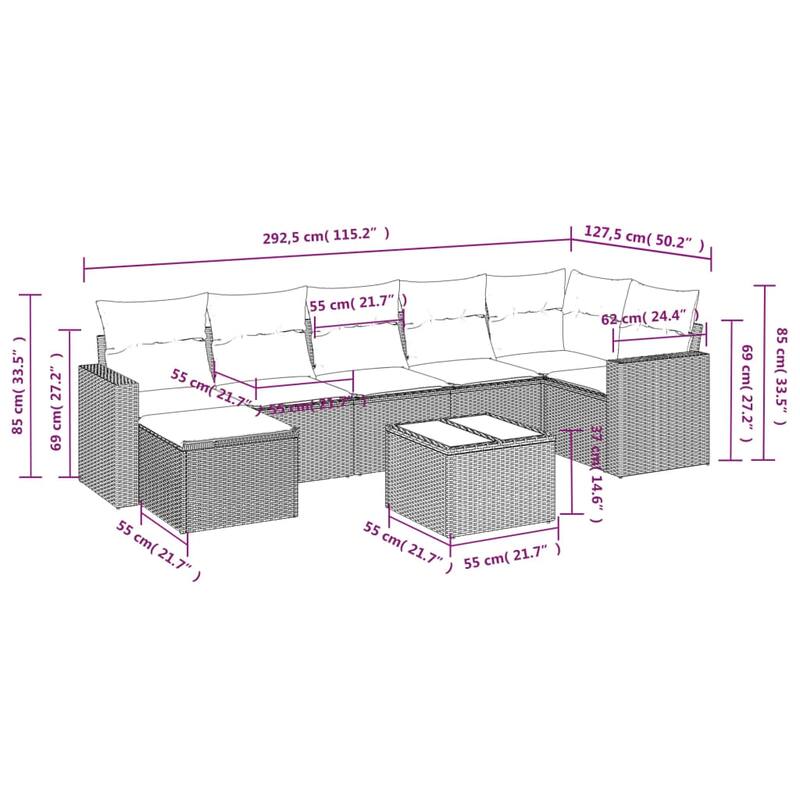 vidaXL Garden Sofa Set Grey PE rattan, powder-coated steel, tempered glass - 21.7 x 21.7 x 14.6