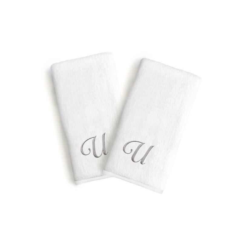 Copper Grove Belgrad 2-piece White Turkish Cotton Hand Towels with Grey Script Monogrammed Initial - White/U