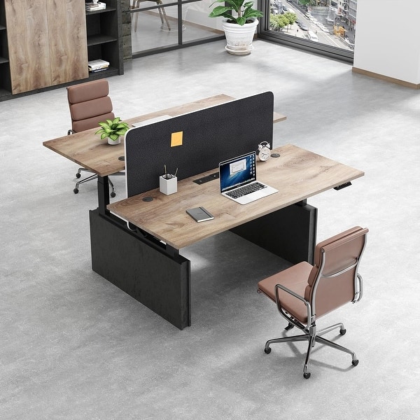 slide 2 of 11, 59inch Adjustable Computer Cubicle Standing Office Desk with Built-in USB Outlet Mahogany