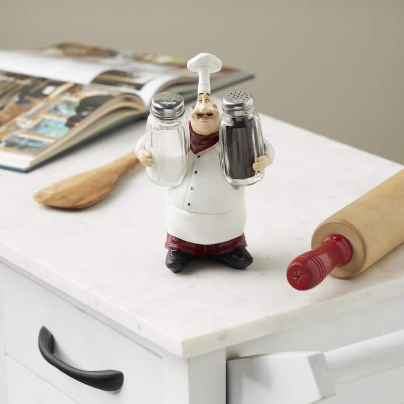 Polystone Chef Figurine Salt and Pepper Shaker Holder with Red Accents - White - Roche River Decor