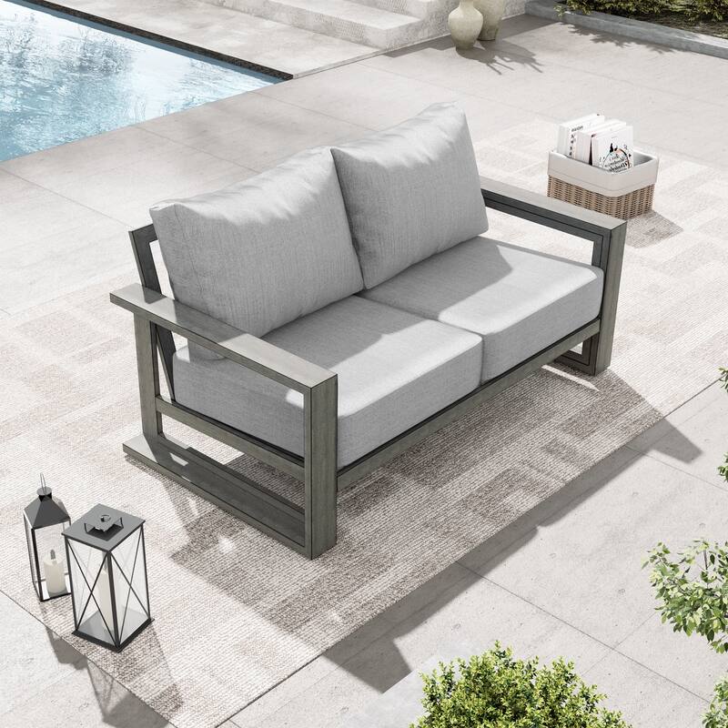 PureScape Hand-Painted Aluminum Outdoor Loveseat with Sunbrella Gray Cushions