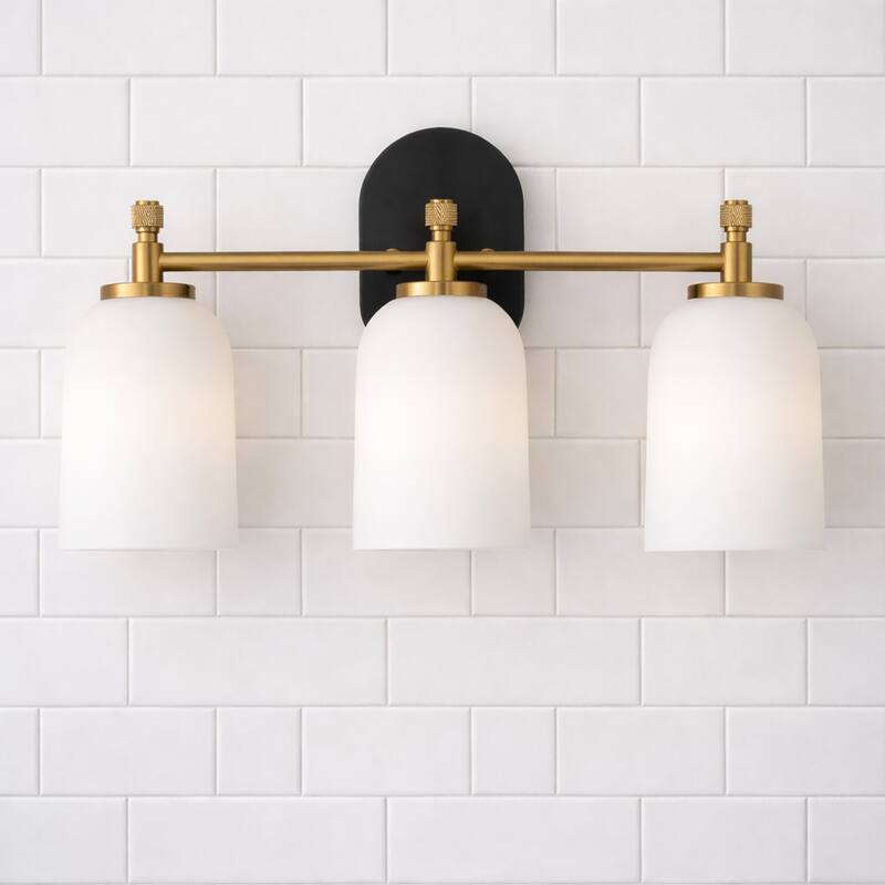 Flac Three-Light Vanity Wall Fixture in Brushed Gold with Frosted Glass Shades