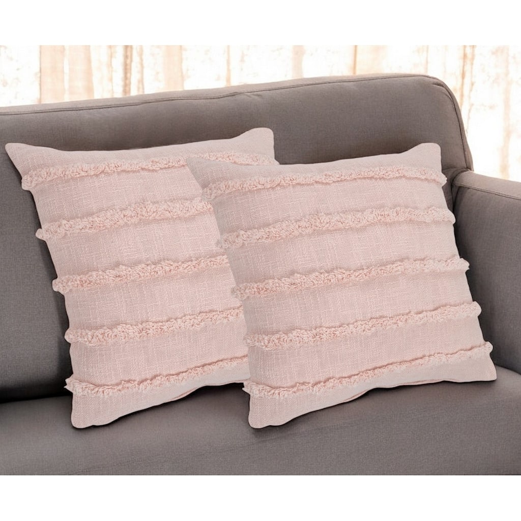 Set of Two Pink Ribbed Cotton Throw Pillows With Fringe