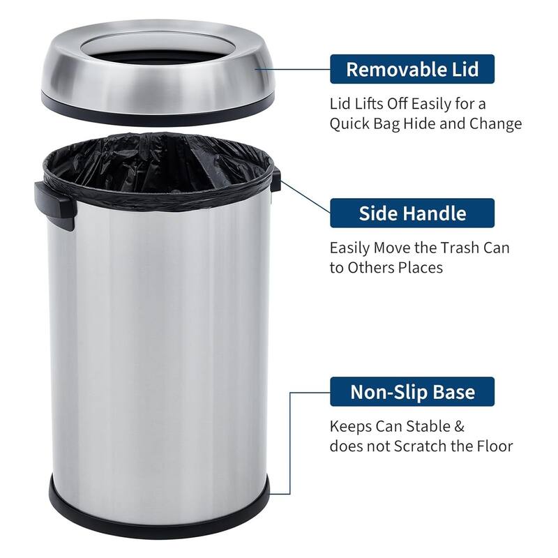 17 Gallon Commercial Stainless Steel Trash Can with Open-Top