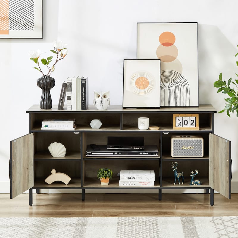 Rustic Gray TV Stand Console for 65inch TVs, Sliding Door