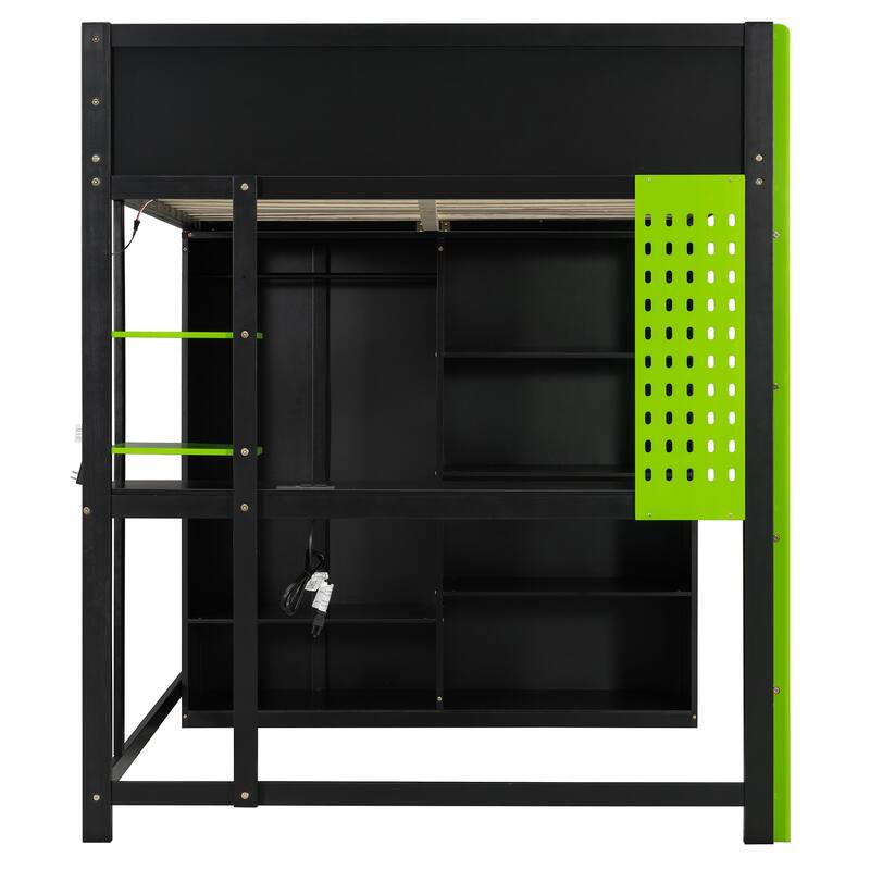 Roomfitters Full Gaming Loft Bed with Desk, Open Wardrobe, RGB LED and USB Ports, Space Saving Sleeper