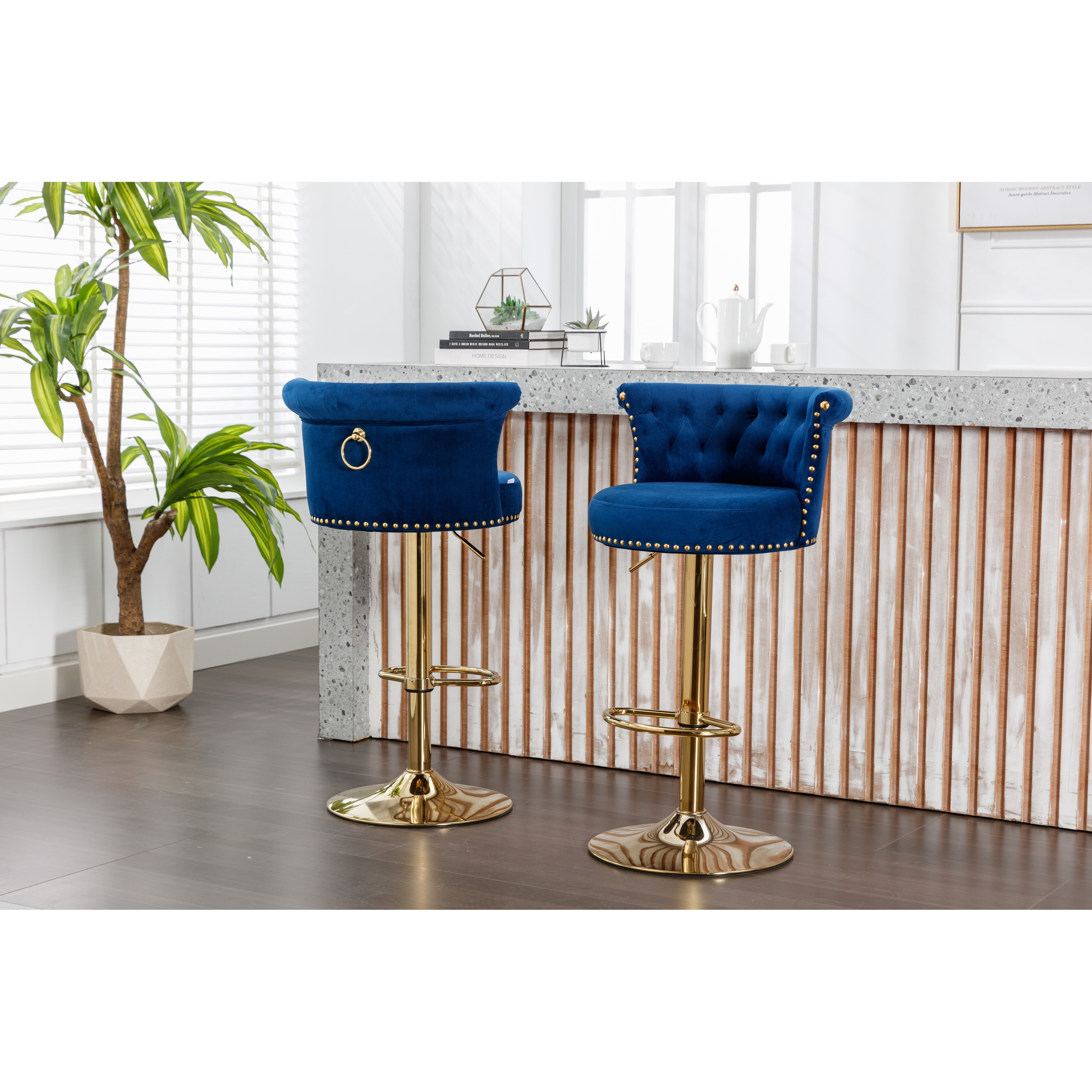 Kitchen Island Counter Height Barstools with Tufted Back Navy