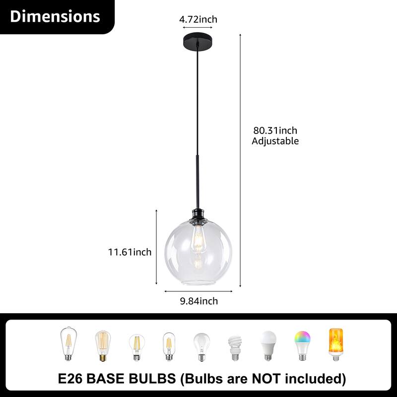 Starsky 1-Light 9.84in. Modern Globe Single Clear Glass Pendant Light - Black