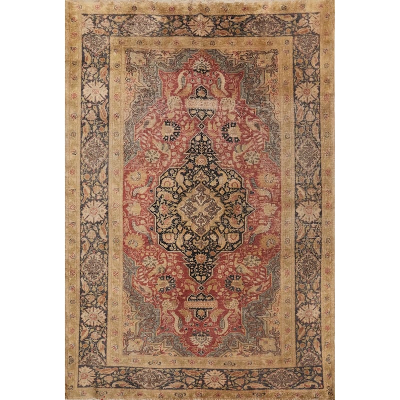 Hand Knotted Traditional Silk Orange Geometric Area Rug - 5' 9'' X 4' 2''