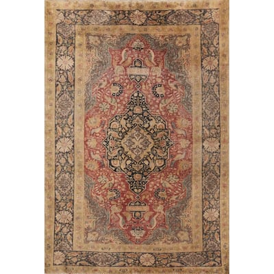 Hand Knotted Traditional Silk Orange Geometric Area Rug - 5' 9'' X 4' 2''