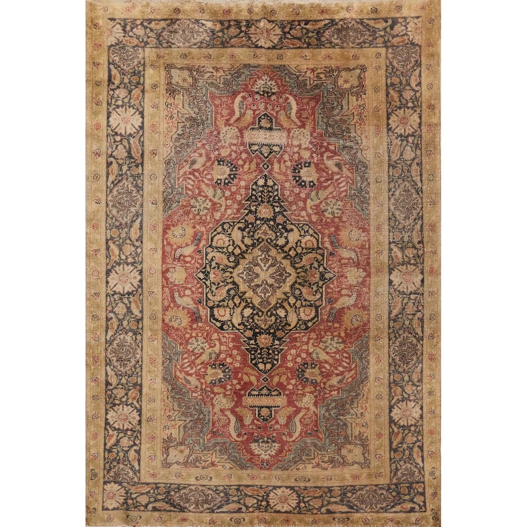 Hand Knotted Traditional Silk Orange Geometric Area Rug - 5' 9'' X 4' 2''