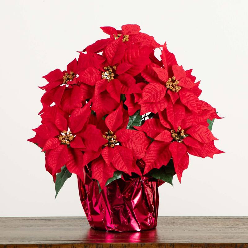 Potted Poinsettia Artificial Floral Arrangement - 19" - Red