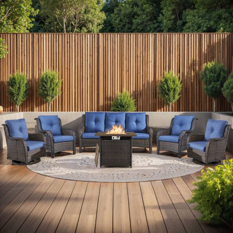 Gymojoy 6-Piece Wicker Patio Furniture Set with Rattan Chairs, Fire Pit & Sofa - Brown Wicker / Blue Cusion - 6-Piece