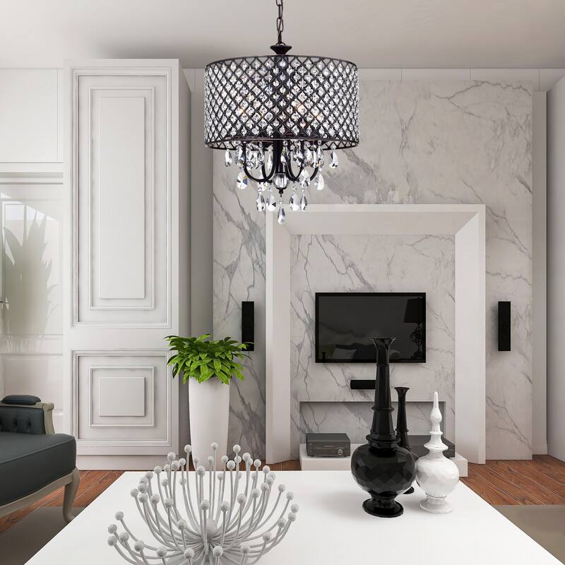 Oil Rubbed Bronze 4-Light Round Beaded Drum Chandelier with Crystals Hanging - Oil Rubbed Bronze
