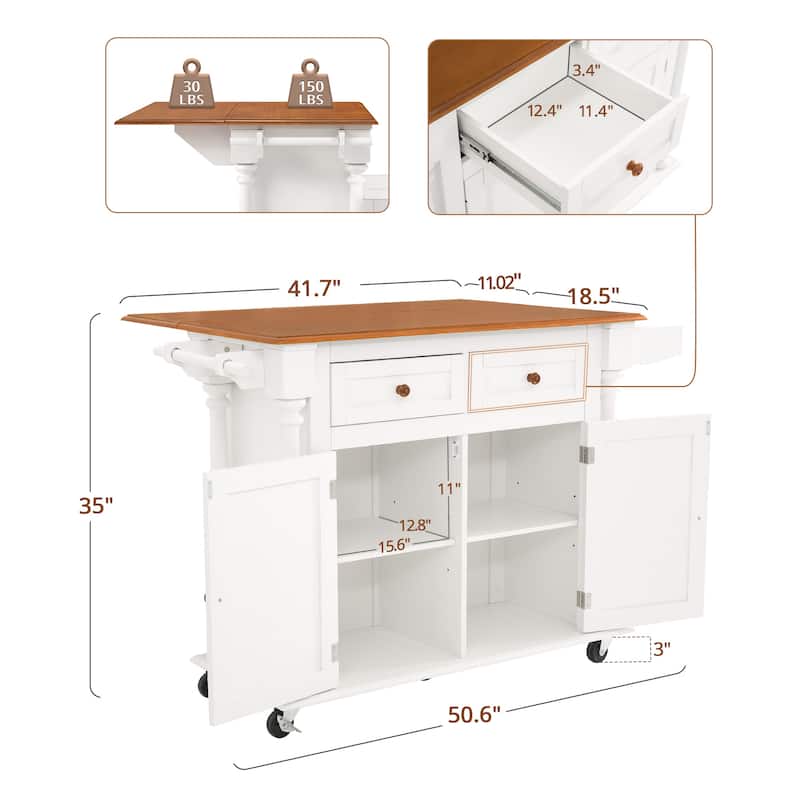 LUE BONA Kitchen Island Car With Solid Wood Top, Rolling Kitchen Trolley Cart with Large Storage Cabinet - N/A