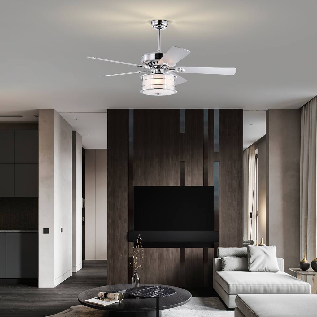 3-Light Chrome Drum Shade LED Ceiling Fan with Light & Remote, Farmhouse 52" Ceiling Fan Crystal Light for Living Rooom, Chrome
