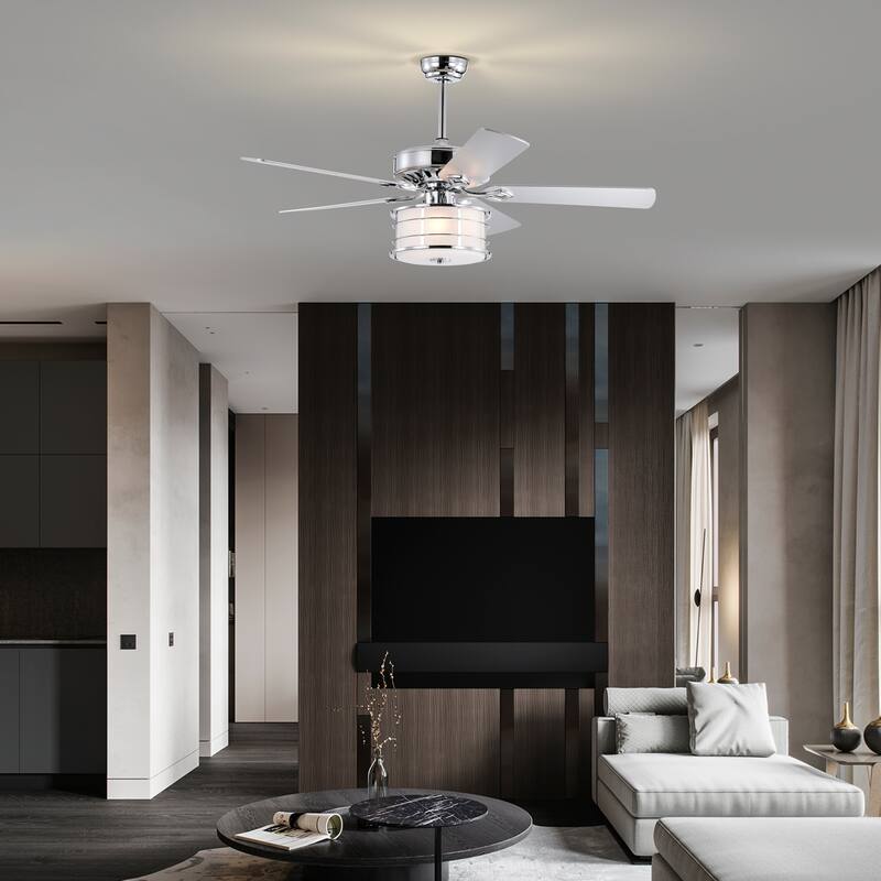 52" 3-Light Chrome Drum Shade LED Ceiling Fan + Remote, Traditional Farmhouse Rustic Industrial