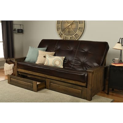 Somette Washington Queen-size Storage Futon Set in Rustic Walnut with Faux Leather Mattress