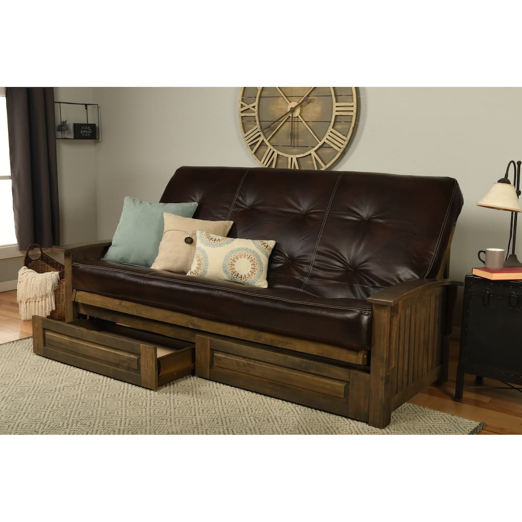 Somette Washington Queen-size Storage Futon Set in Rustic Walnut with Faux Leather Mattress