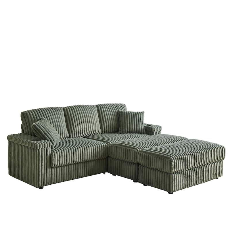 84" Corduroy 3-Seater Sofa with Storage, Ottoman and Cup Holders, Includes 5 Pillows