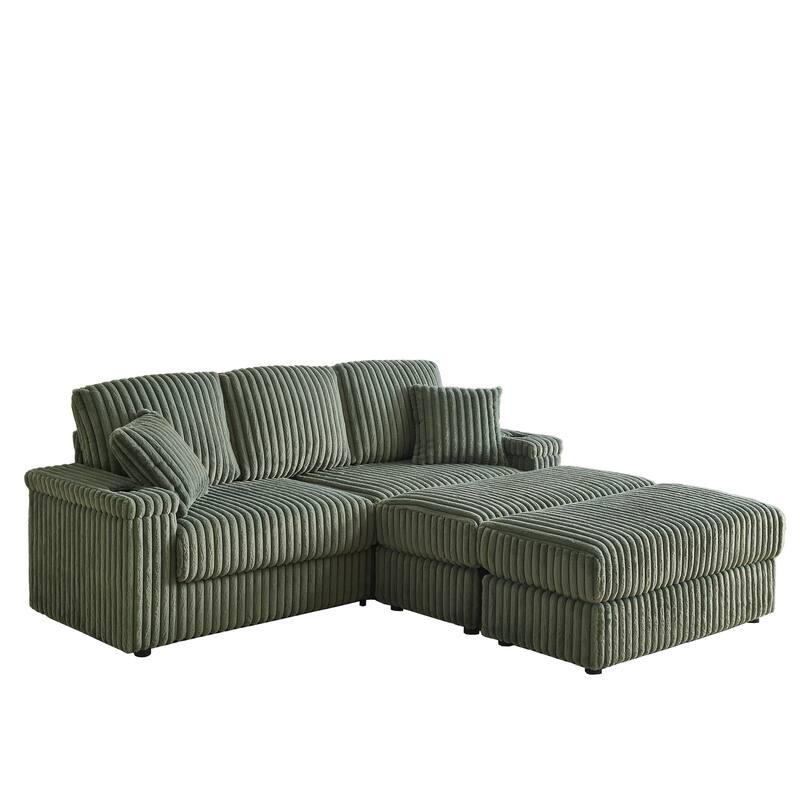 Deep Seat Sectional Loveseat Set with 2 Ottoman and 2 Pillows, Corduroy Chaise Lounge Bed with 2 Storage Spaces and Cupholding