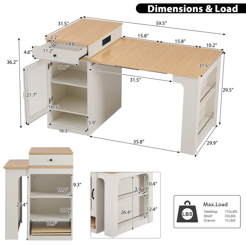59.5" Kitchen Island with Extendable Table, Double-Sided Storage, Power Outlet, Drawers and Shelves