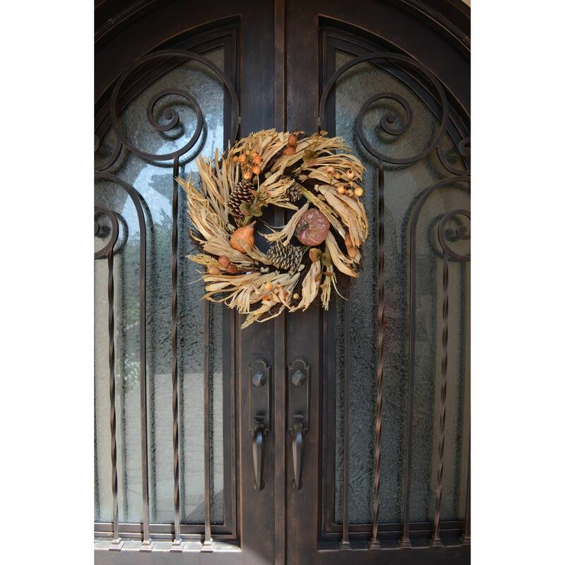 24" Artificial Pumpkin Wheat Berry Corn Husk Wreath