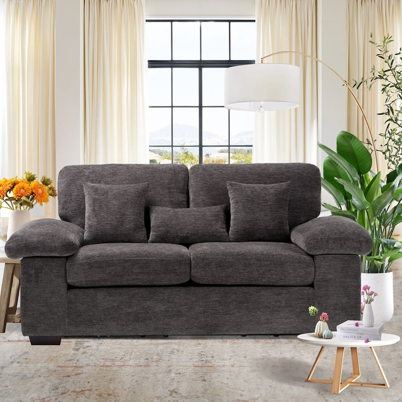 Plush Chenille Loveseat 73" - Includes Bonus 3 Pillows & Removable Back Cushion - Living Room 2-Seater Sofa - Grey