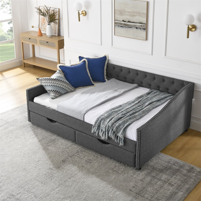Full Size Upholstered Tufted Daybed with Drawers and Copper Nail