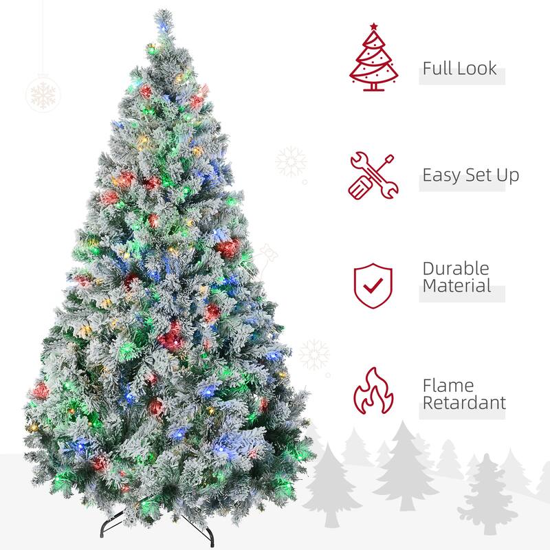 7.5ft Snow Flocked Artificial Xmas Tree with Warm and Colorful LED Lights