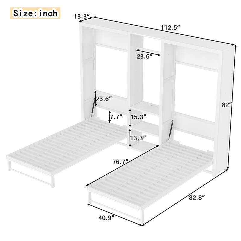 Twin Size Double Murphy Bed Wall Bed, Wooden Foldable Murphy Bed Frame with Wardrobe, Shelves and Charging Station