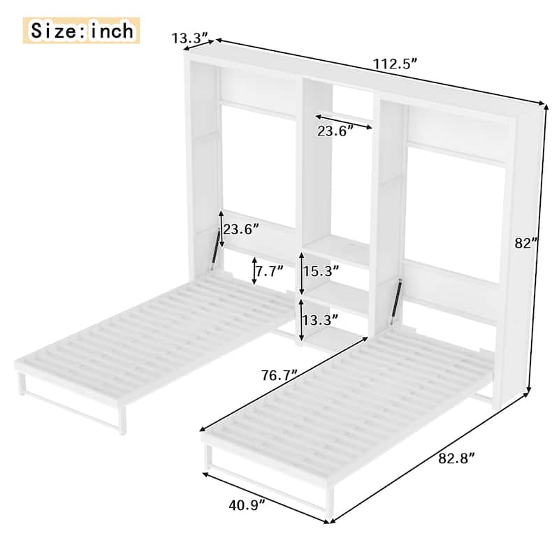Twin and Twin Foldable Murphy Bed with Wardrobe, Shelves & Power Outlets, 2-in-1 Metal Space-Saving Wall Bed Design