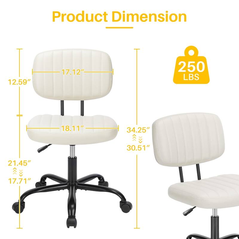 Small Armless Office Desk Chair with Wheels and Low Back Lumbar Support, Comfy Cute PU Leather Vanity Rolling Swivel Task Chair