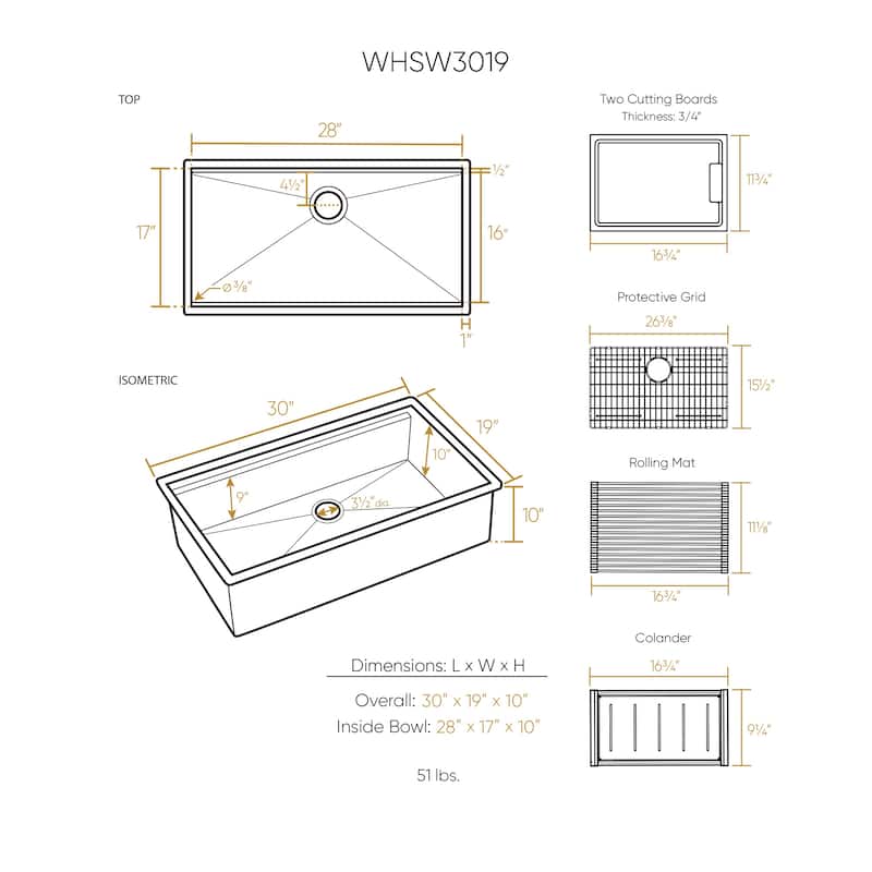 Whitehaus Undermount Single Bowl 16 Gauge Brushed Stainless Steel Workstation Sink With Accessories