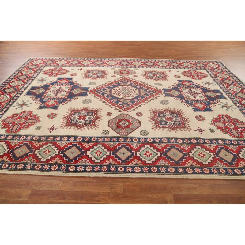 Ivory Geometric Kazak Oriental Area Rug Handmade Wool Carpet - 8'4"x 11'7"