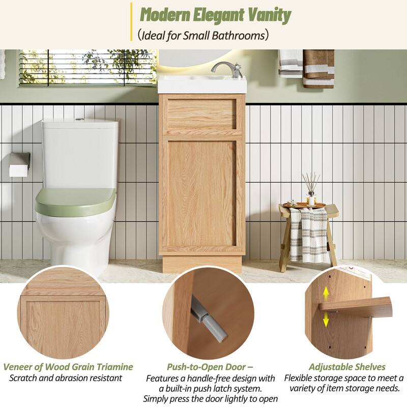 15.75" Bathroom Vanity with Reversible Resin Sink, Adjustable Shelf and Push-to-Open Door
