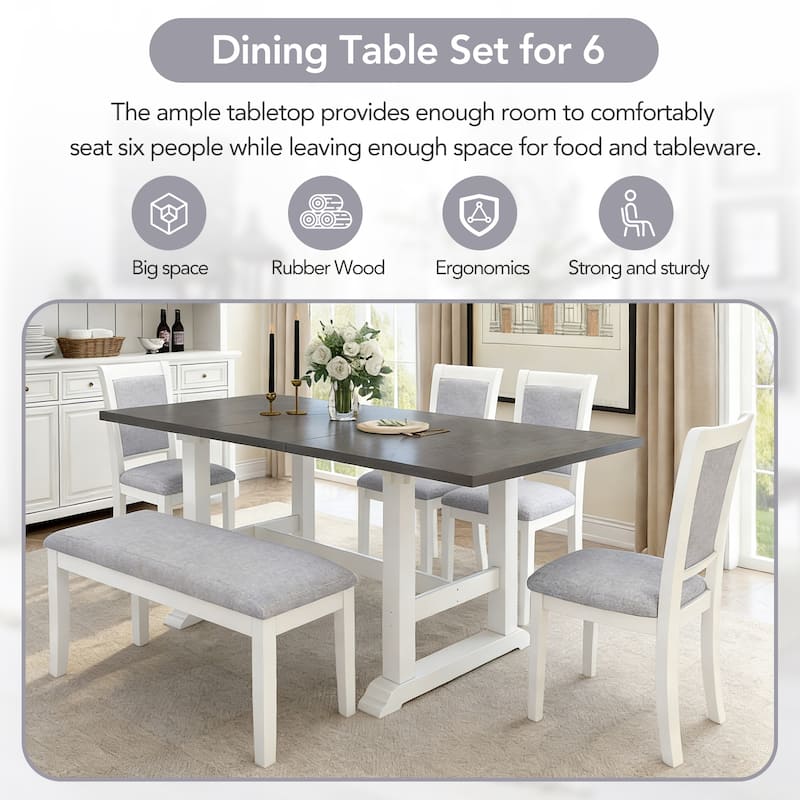 6-Piece Extendable Trestle Dining Table Set with Removable Leaf, Kitchen Set with Upholstered Chairs and Bench