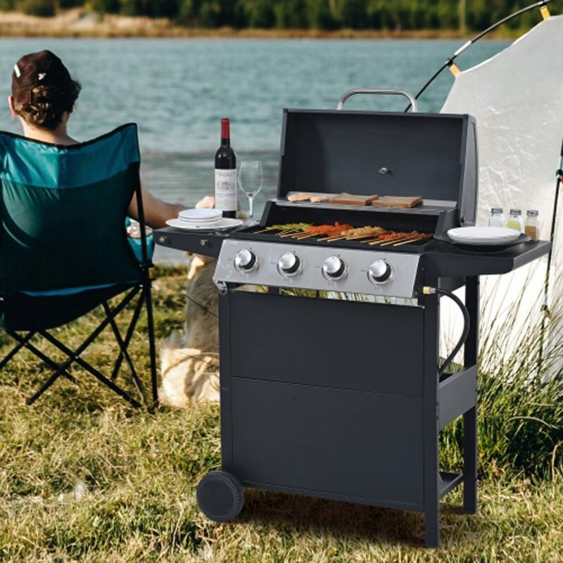 4-Burner Stainless Steel Propane Grill – 34K BTU, 2 Shelves, Wheels, Lid & Bottle Opener – Outdoor/Camping - Propane Gas