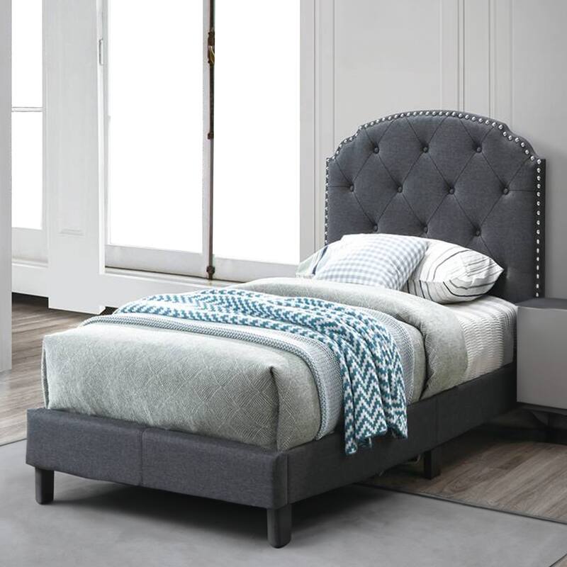 Queen Bed with Button Tufted Scalloped Headboard, Gray