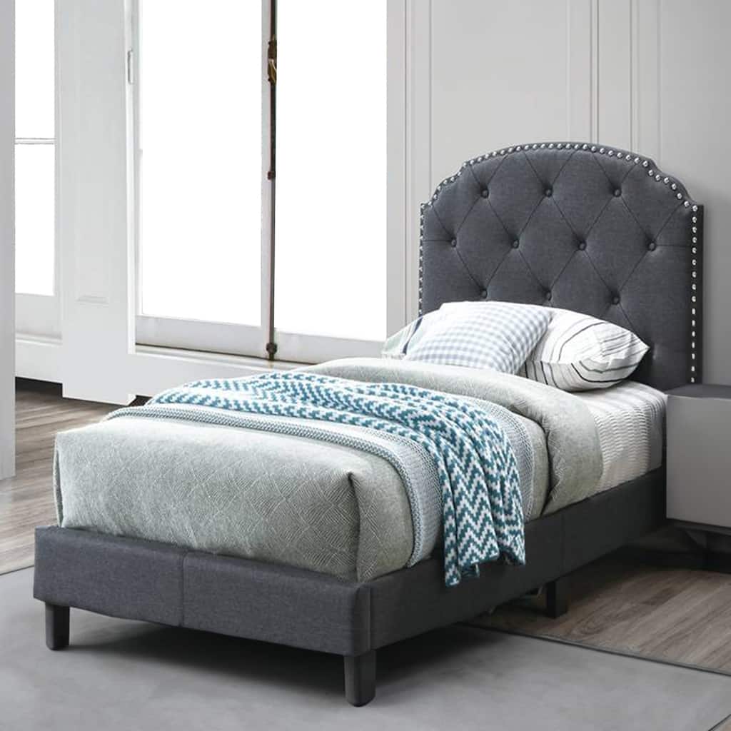 Queen Bed with Button Tufted Scalloped Headboard, Gray