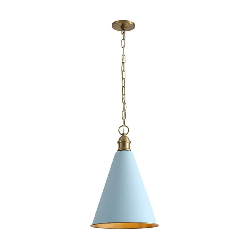 Scandinavian Aged Brass Light Blue Iron Conical Pendant Light