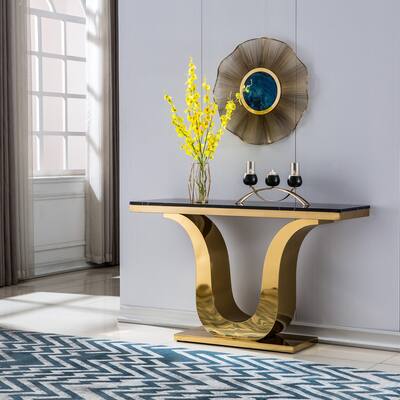 Modern Rectangular Marble Console Table, 0.71" Thick Marble Top, U Shape Stainless Steel Base with Gold Finish