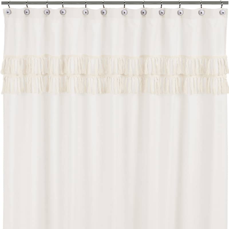 Sweet Jojo Designs Ivory Bohemian Boho Chic Bathroom Fabric Bath Shower Curtain Farmhouse Minimalist Knotted Macrame Tuft Fringe