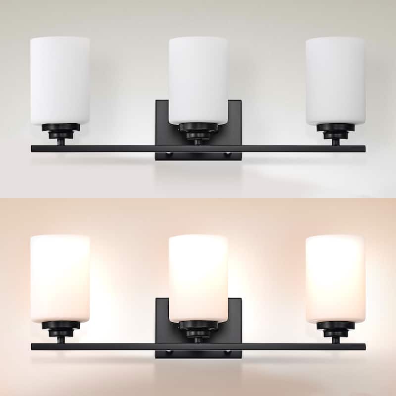 Matte Black 3-Light Vanity with Etched White Glass Shades