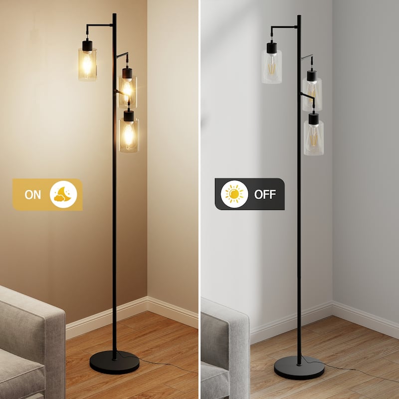 67" 3-Light Tree-Shaped Floor Lamp - Glass Lampshades & Foot Switch for Living Room & Bedroom