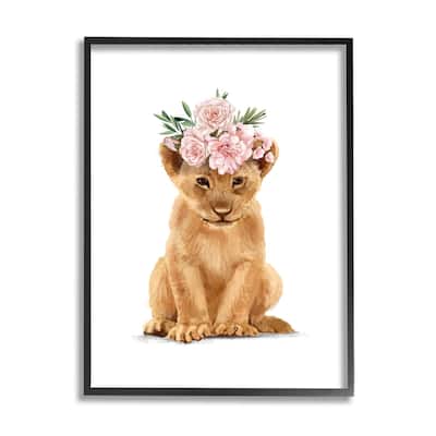Stupell Boho Rose Floral Crown Lion Cub Safari Animal Framed Wall Art