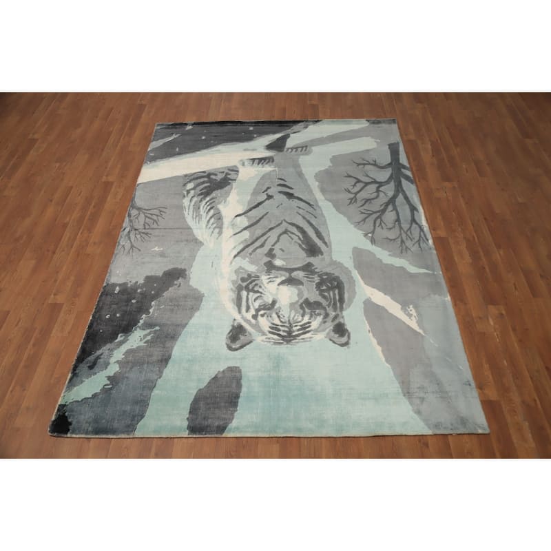 Hand Knotted Oriental Viscose Silk Carpet Modern Pictorial Navy Blue & Blues Abstract Area Rug - 7' 10'' X 5' 9''