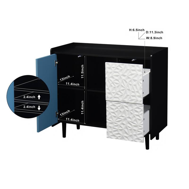 35" Modern Black Buffet Storage Cabinet with Unique Drawer Panels, 2 Doors and Open Shelves, Accent Sideboard